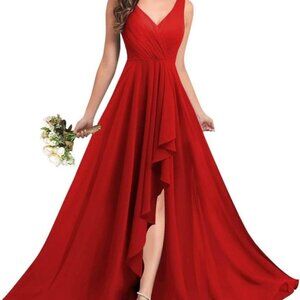 Women's Ruffle Bridesmaid Dresses Long Slit Chiffon Pleated Formal Evening Dress